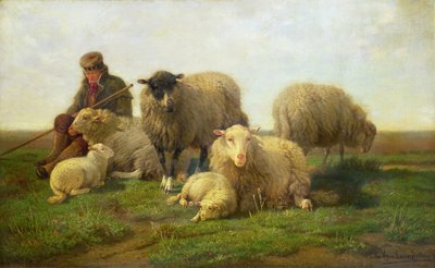 A Shepherd with Sheep and Lambs by Cornelis van Leemputten